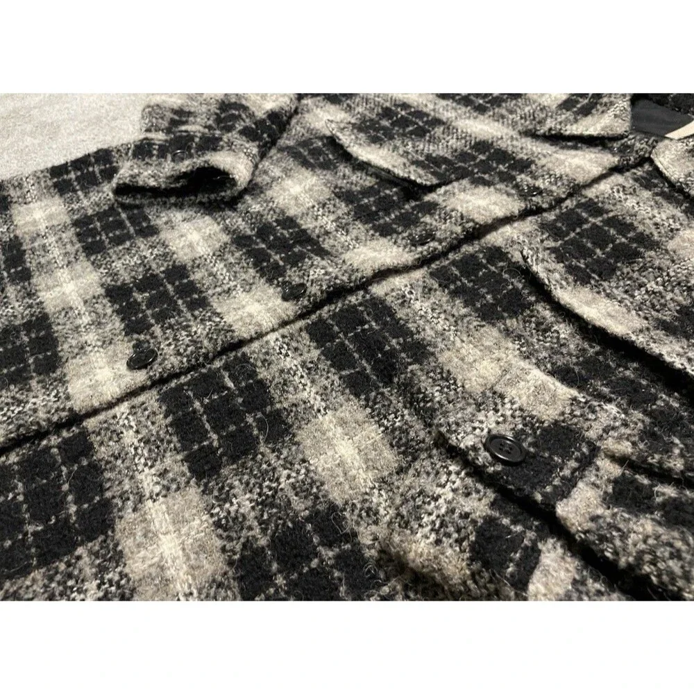Banana Republic Men's L Plaid Flannel Button-Up Shirt Jacket Black Gray Pockets